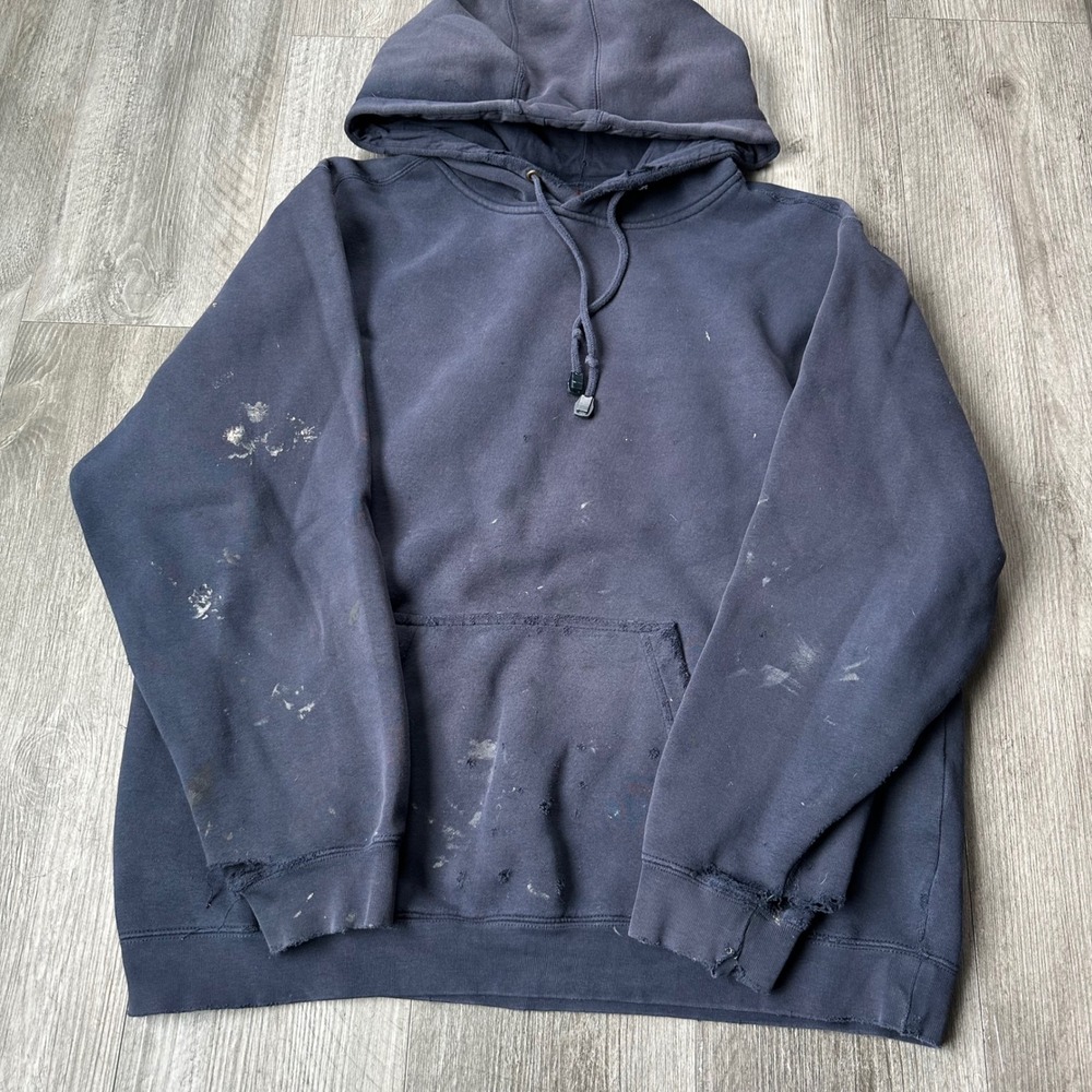 Distressed Weekends Off Navy Hoodie Paint Splatter Workwear Size Large